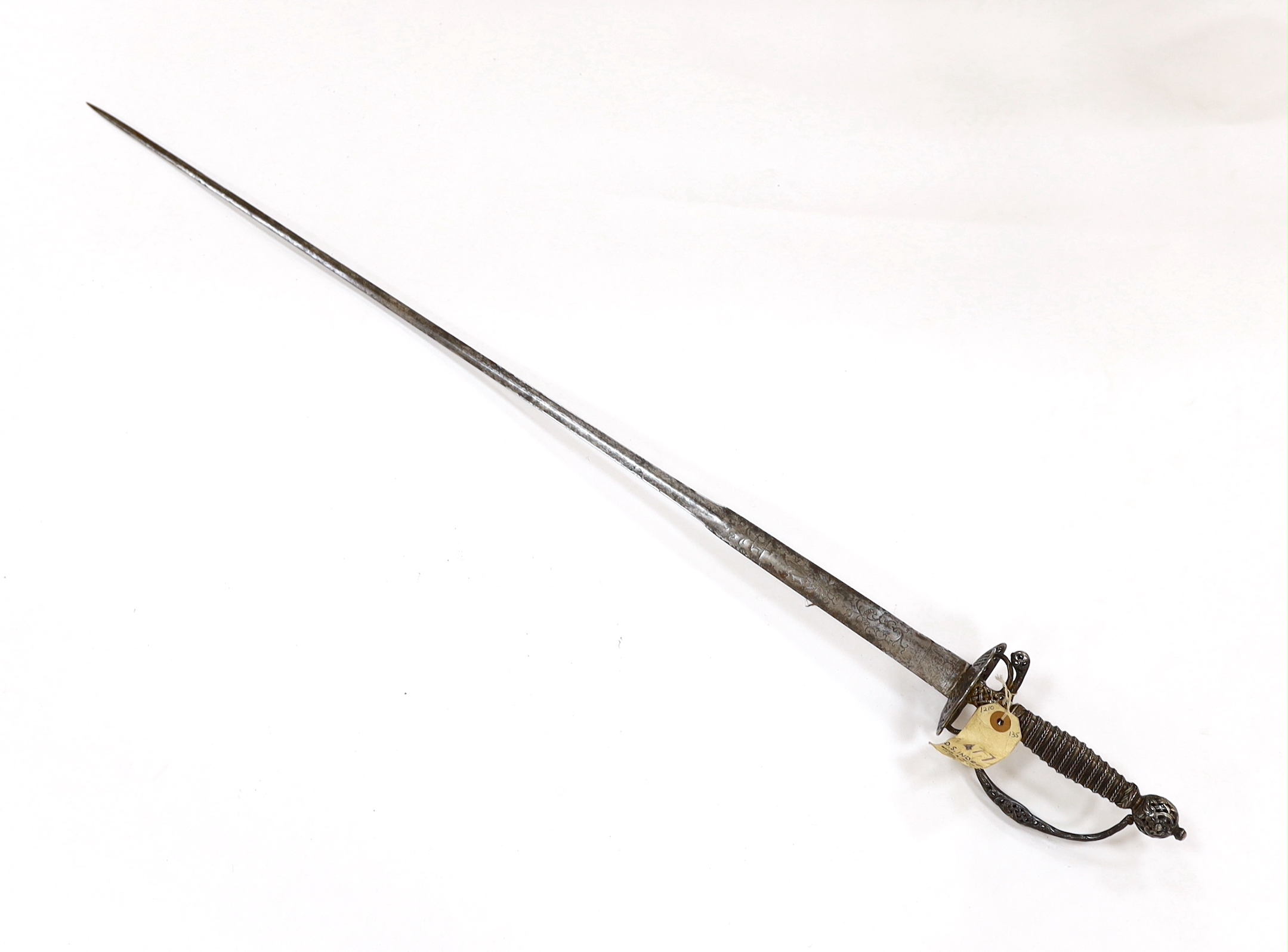 A French silver hilted small sword, c.1770, the ricasso rings have two tiny marks struck on the end which possibly could be Paris discharge marks, the hilt pierced with basketweave decoration and flowers, silver wire and